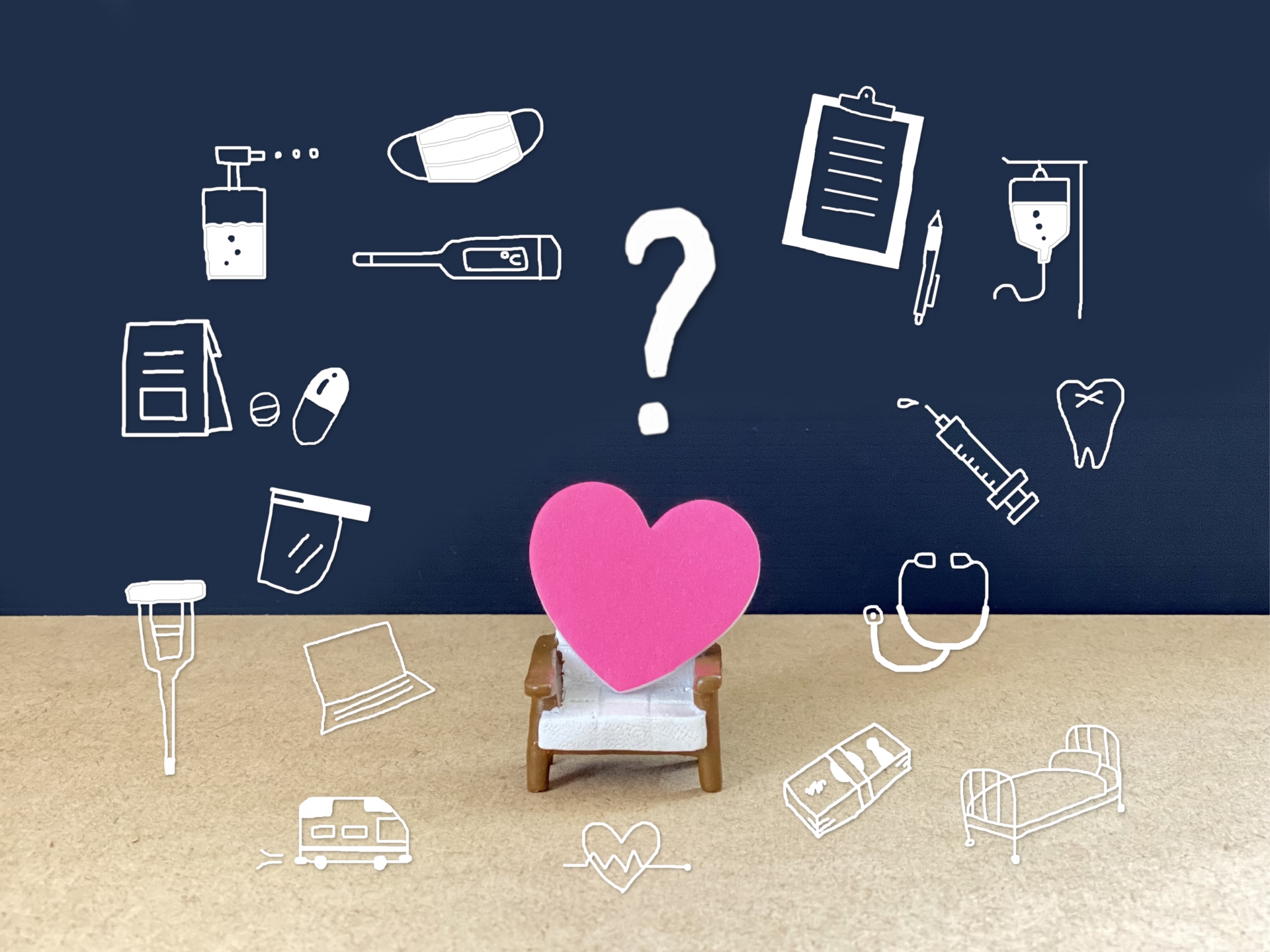 ハートの周りに医療関連の色々なイラストが描かれている