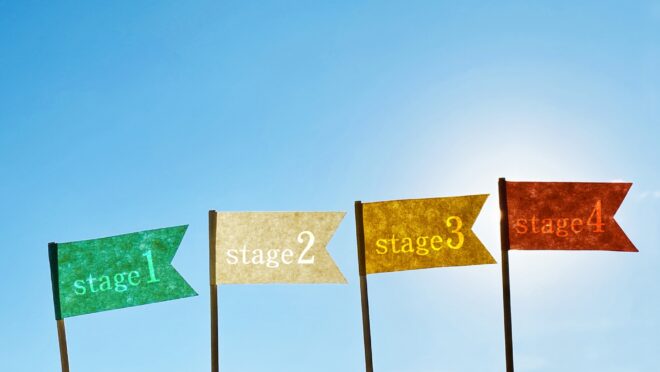 ステージ1～4と書かれた旗が並んでいる様子