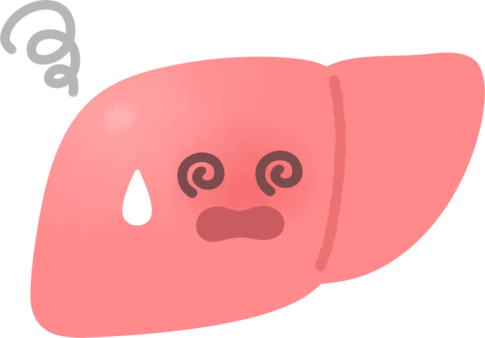 デフォルメされた肝臓のイラスト。苦しげな表情が描かれている