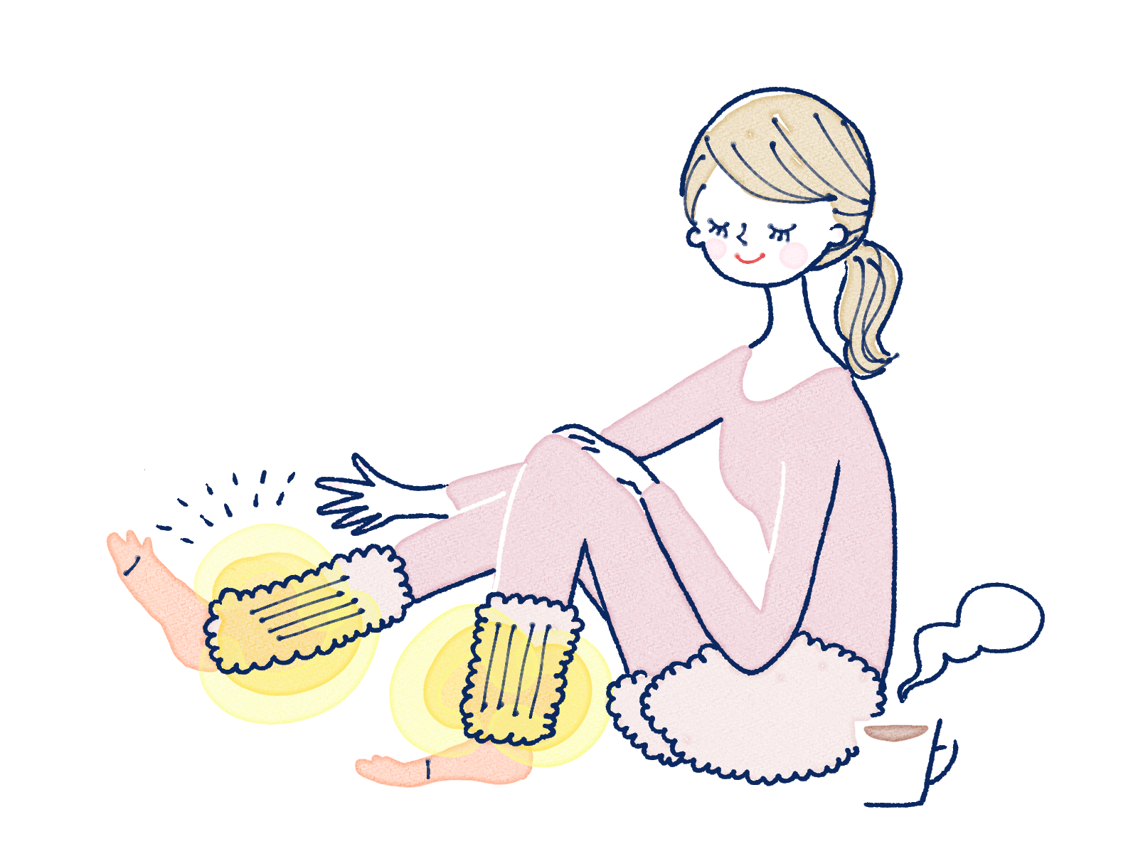 アームウォーマーで足を温める女性のイラスト
