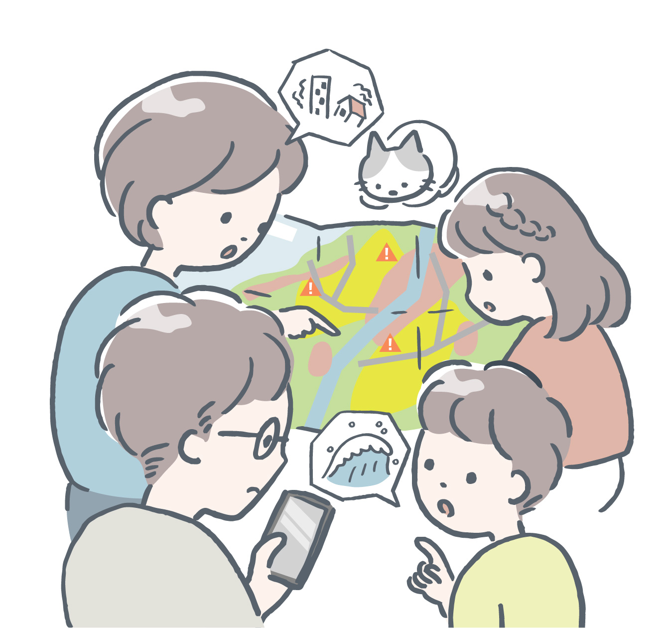 地図を見ながら災害について話し合う家族のイラスト