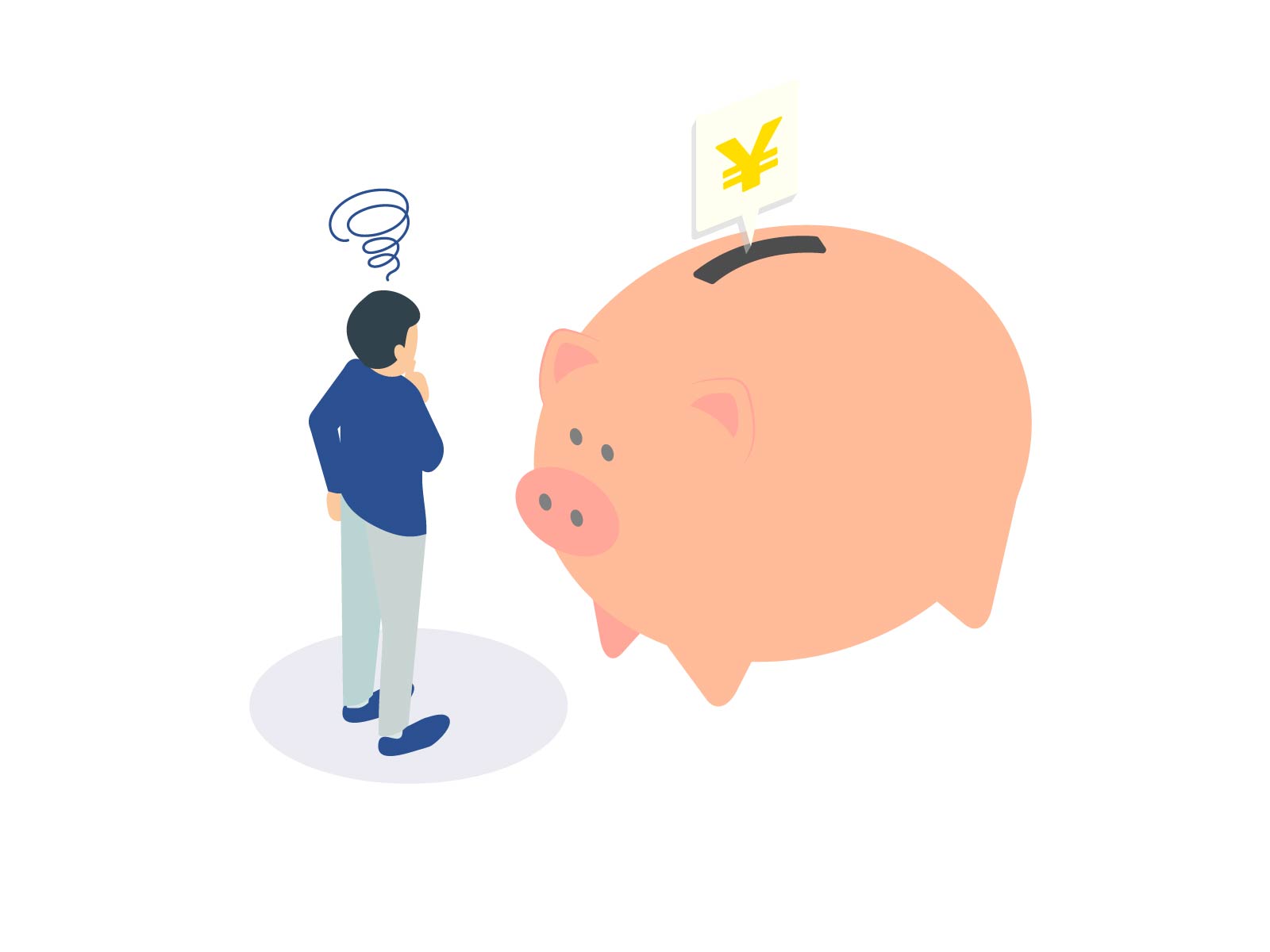 豚の形の貯金箱の前で悩む男性のイラスト