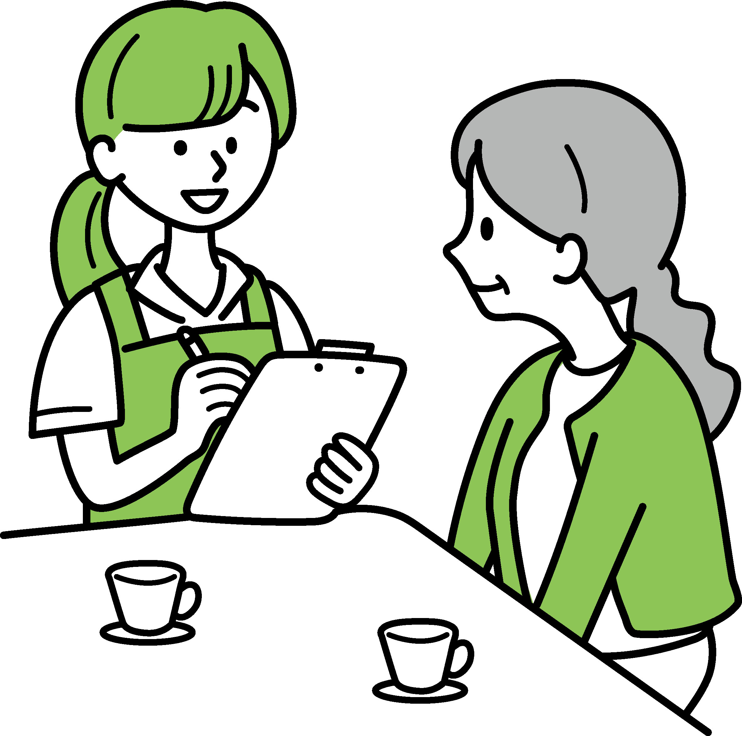 高齢女性から聞き取りを行うケアマネジャーの女性のイラスト