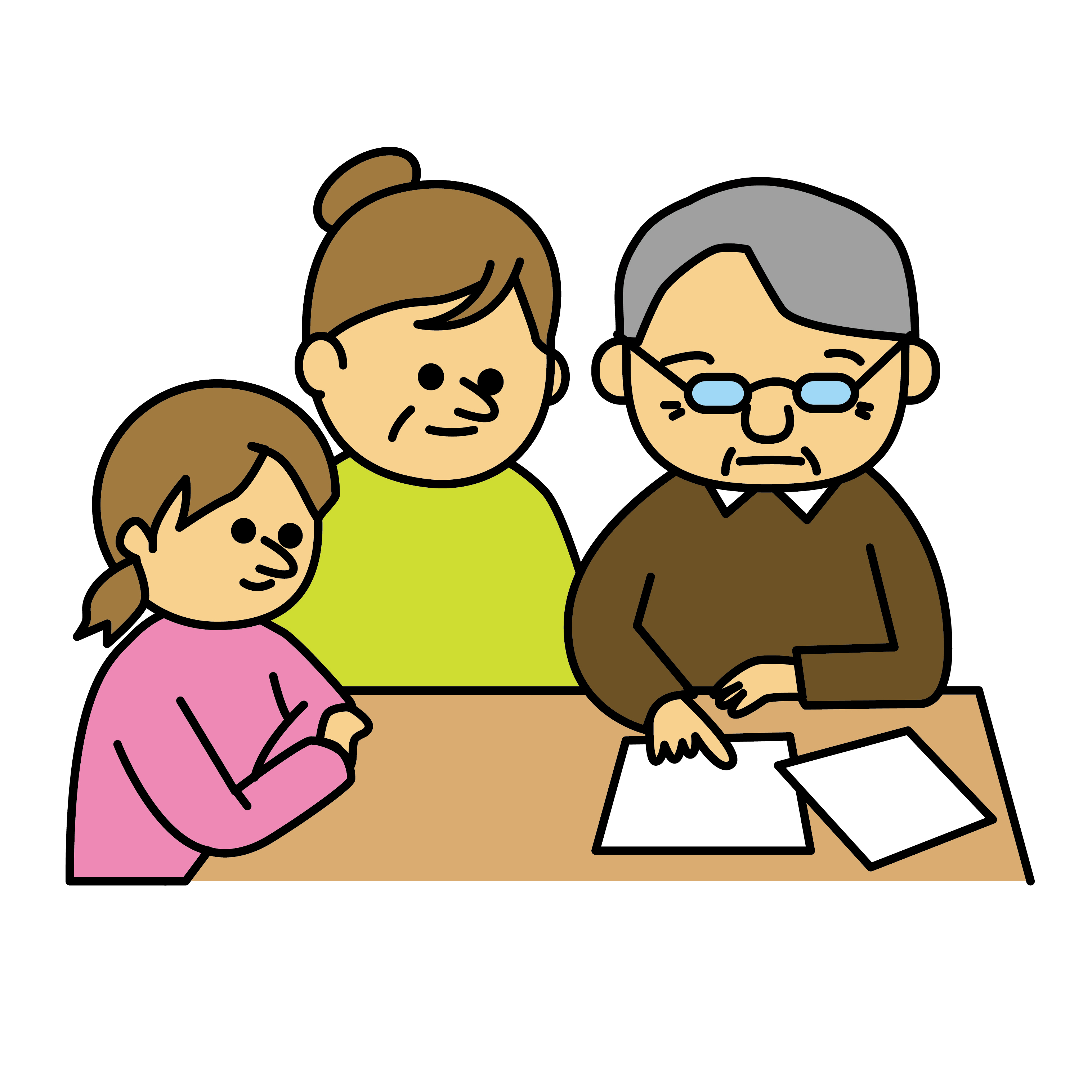 書類を指さす高齢男性と見守る家族のイラスト